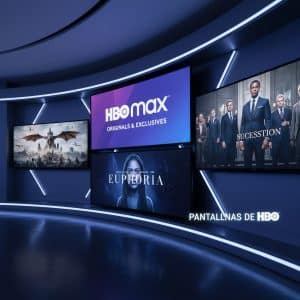 Varias pantallas grandes muestran el logotipo de HBO Max y carteles de series en una sala iluminada con luces LED azules.