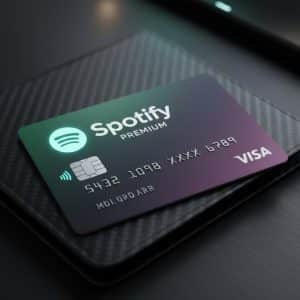 Una tarjeta de crédito Visa de Spotify con degradado verde y morado descansa sobre una billetera de fibra de carbono.