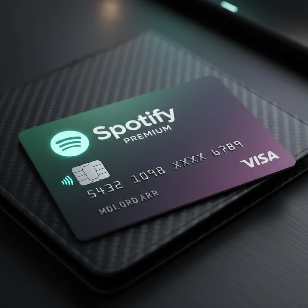 Una tarjeta de crédito Visa de Spotify con degradado verde y morado descansa sobre una billetera de fibra de carbono.