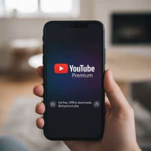 Una mano sostiene un teléfono inteligente que muestra el logotipo de YouTube Premium en su pantalla.