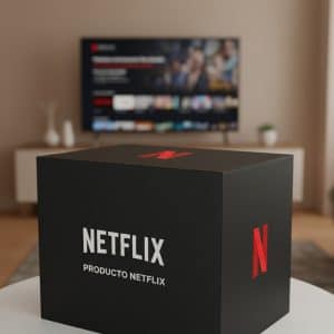 Una caja negra con el logotipo de Netflix y el texto "PRODUCTO NETFLIX" se encuentra sobre una mesa blanca en una sala de estar con un televisor al fondo.