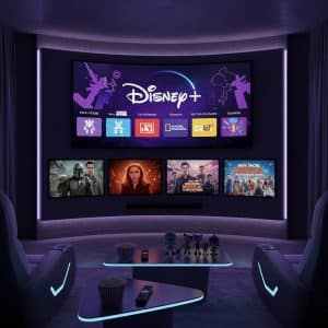 Una sala de cine en casa con iluminación violeta, una pantalla grande que muestra la interfaz de Disney Plus y cuatro pantallas más pequeñas abajo.