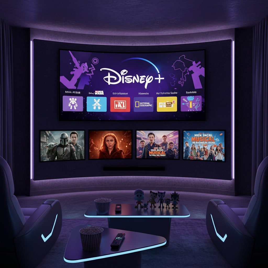 Una sala de cine en casa con iluminación violeta, una pantalla grande que muestra la interfaz de Disney Plus y cuatro pantallas más pequeñas abajo.