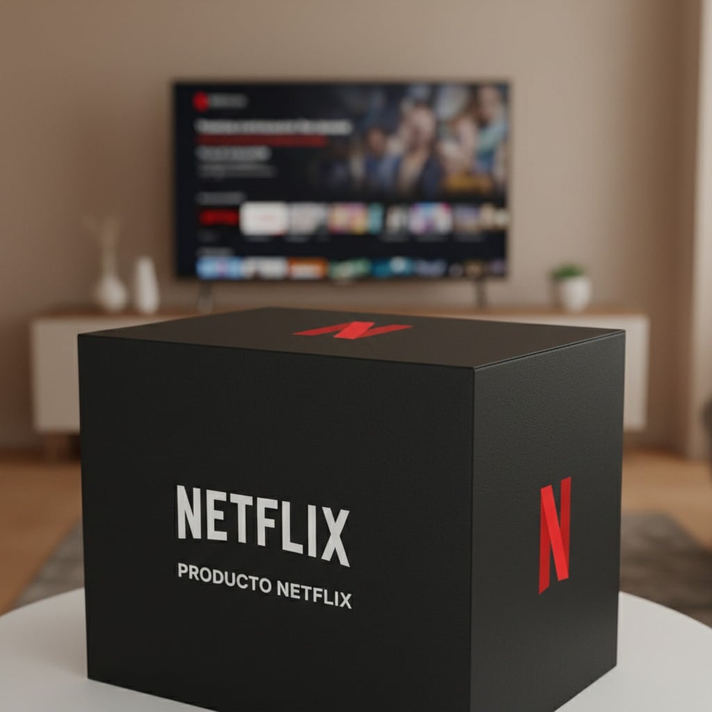 Una caja negra con el logotipo de Netflix y el texto "PRODUCTO NETFLIX" se encuentra sobre una mesa blanca en una sala de estar con un televisor al fondo.